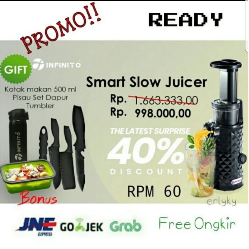 Jual Infinito Smart Slow Juicer RPM 60 Low Watt Hemat Listrik Garansi