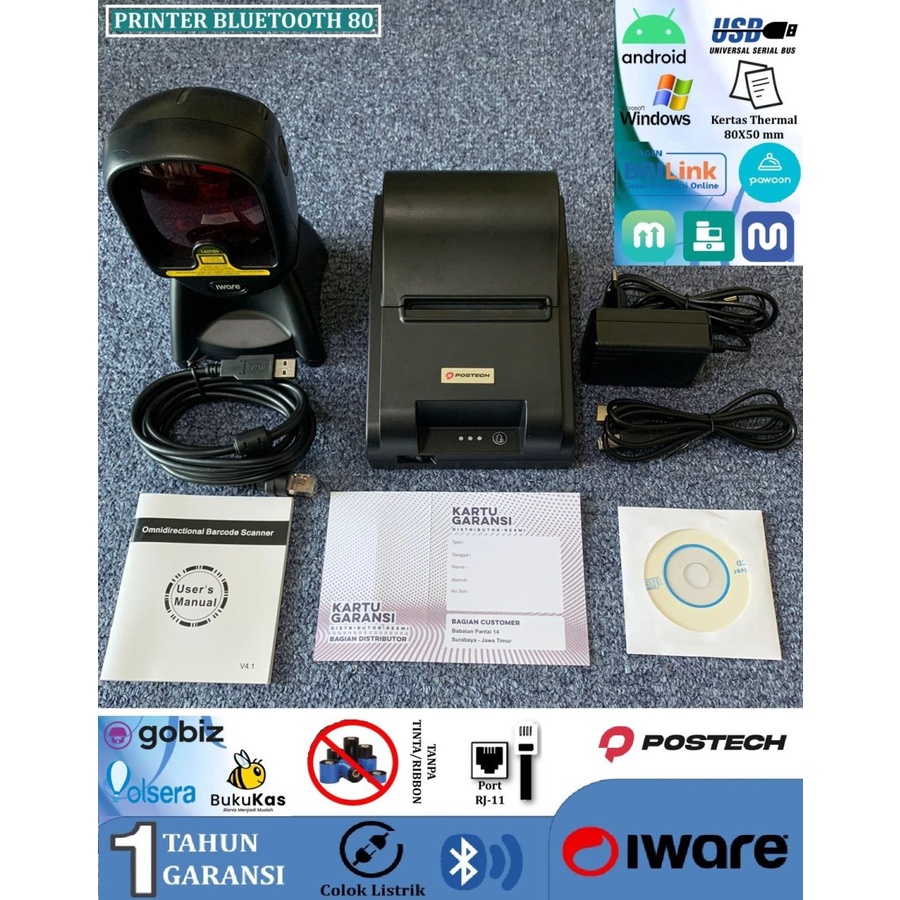 Jual Printer Kasir Bluetooth 80mm + Omni Barcode Scanner 1D Auto Scan