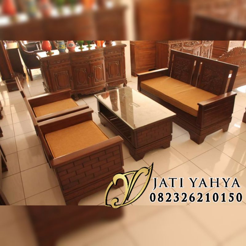 Jual kursi tamu jati tua piramid 211 + meja + kaca + busa Shopee