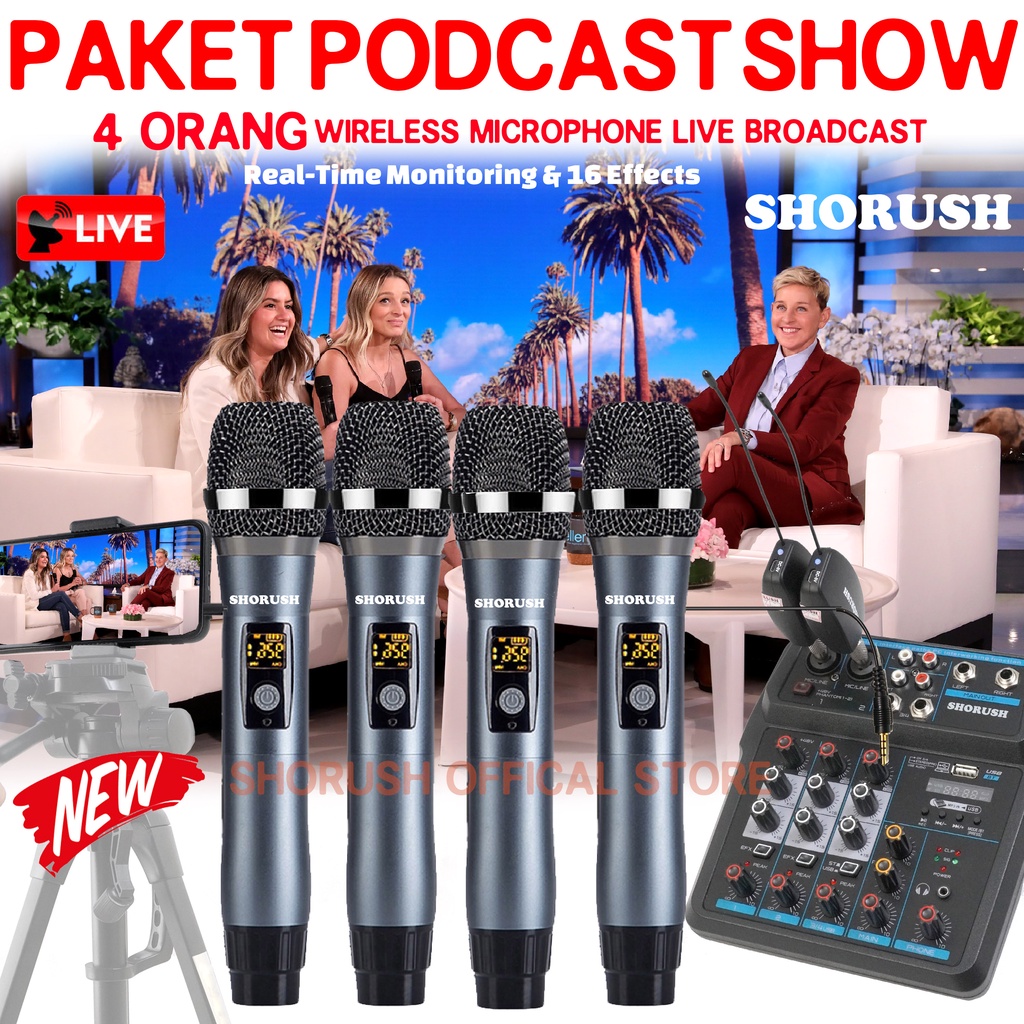 Jual PAKET PODCAST 4 ORANG SHORUSH Mic Microphone Wireless Handheld