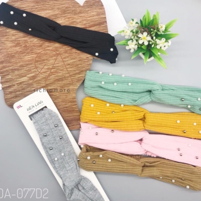 Jual Bandana Korea Silang Simpul Salur Mutiara/ Bandana Kain Silang Mutiara Bando Mutiara