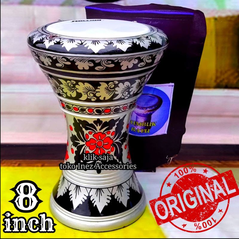 Jual Tumbuk Hadroh Atau Darbuka Kayu 8 inch Silver Hitam Rolling Putih