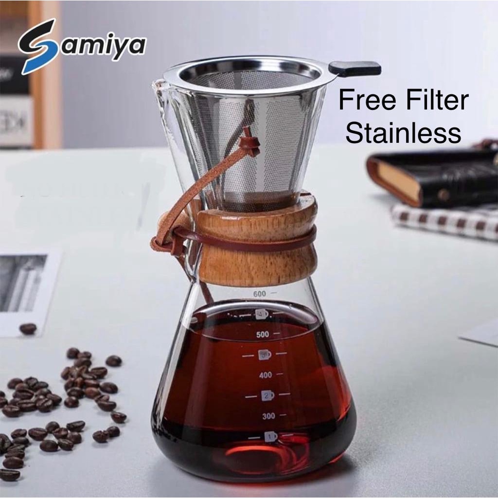 Jual chemex coffee pot 600ml wooden handle FREE saringan filter stainless / teko kaca server