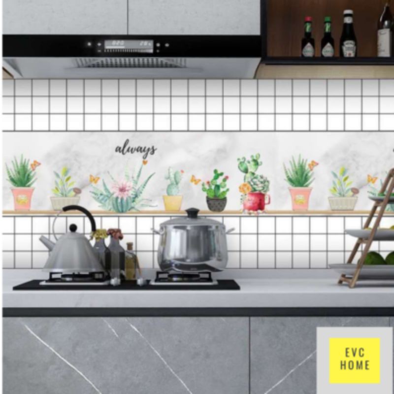 Jual wallpaper stiker dinding dapur kotak putih pas bunga 3 m x 60 cm