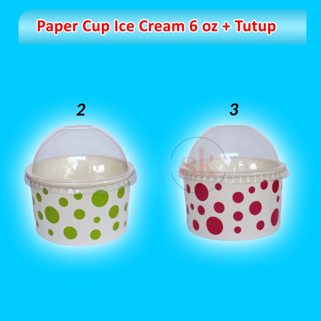 Jual Paper Cup Ice Cream 6 oz MOTIF + Tutup Cembung (Paket 50 pcs