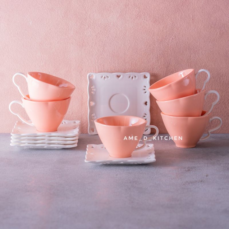 Jual Elegant tea cup set European style / Cangkir lepek segi keramik set pastel peach + gift box