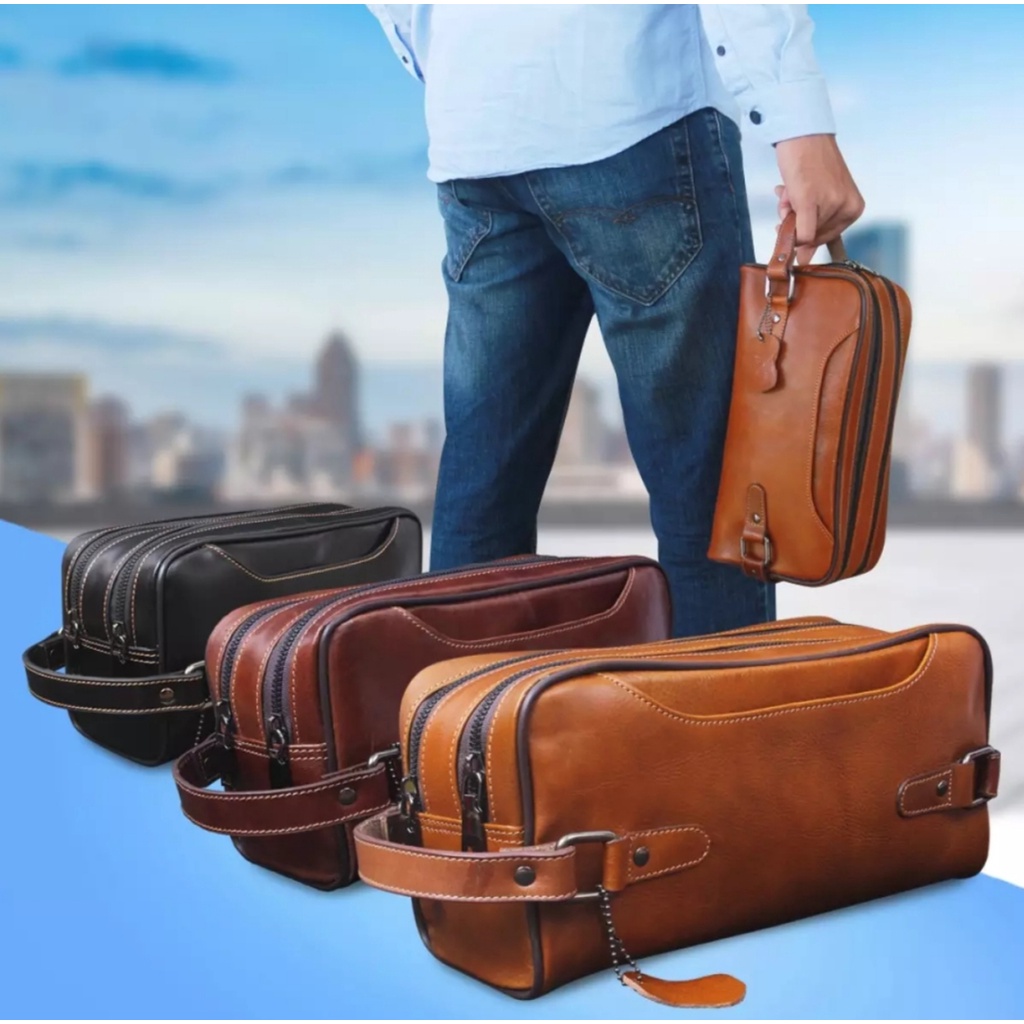 Jual PROMO TERBAIK Classy Pouch Bag Genuine Leather Pria dan Wanita