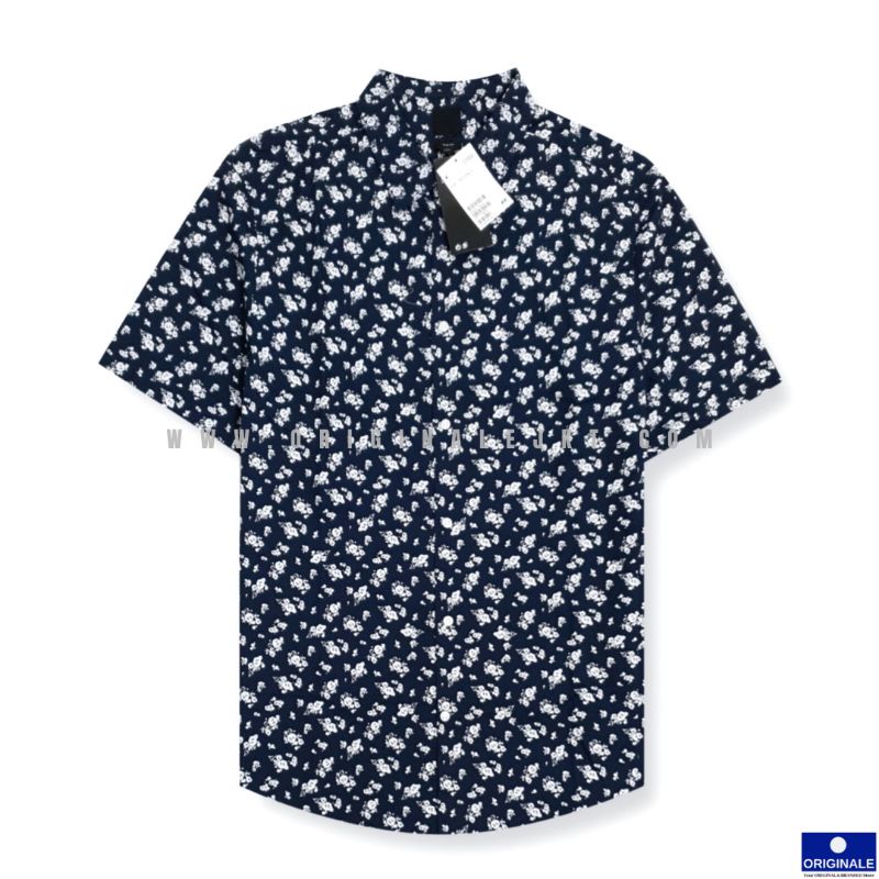 Jual HM Slim Fit Short Sleeve Shirt Dark Blue/White Floral Shopee