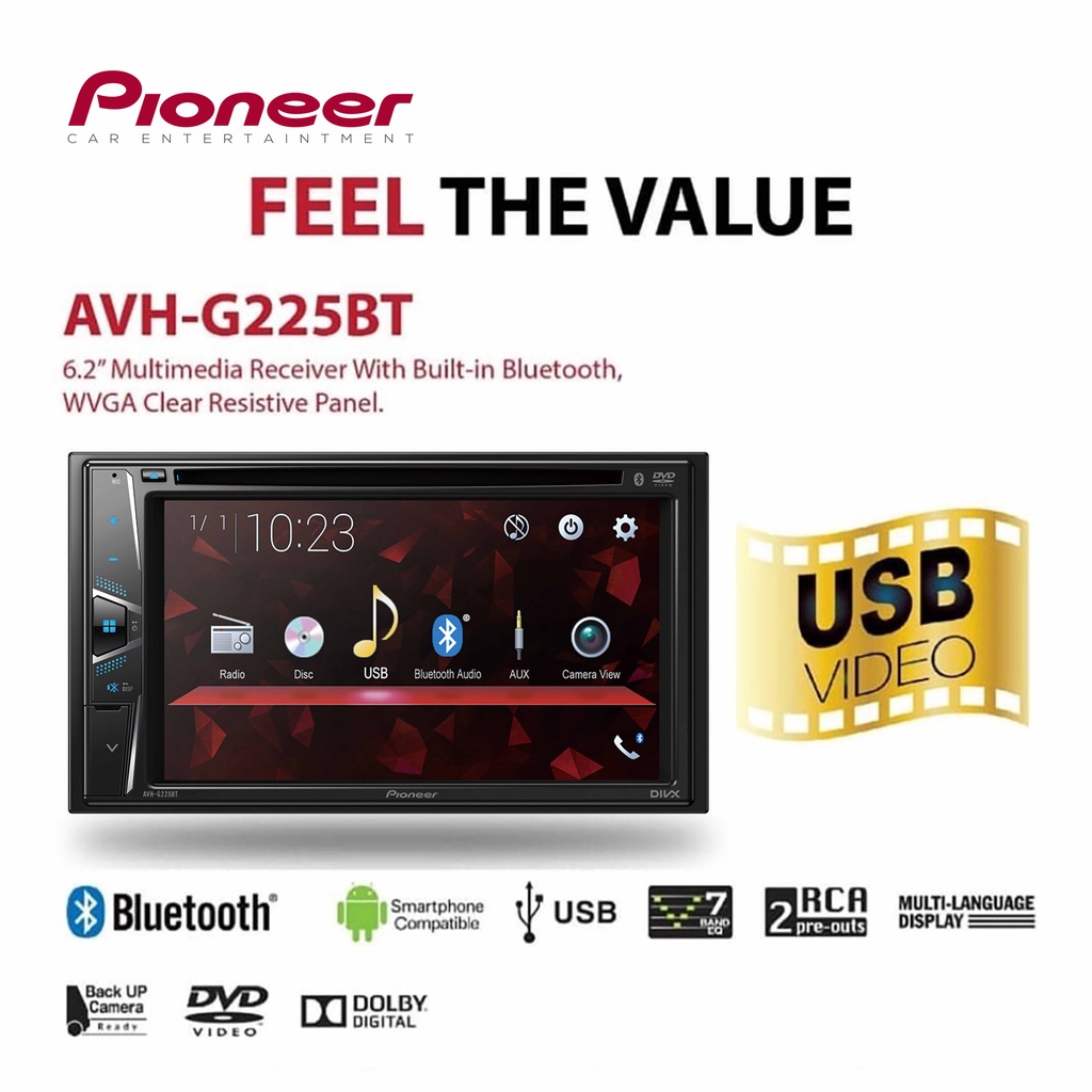 Jual Pioneer AVHG225BT Double Din DVD Bluetooth USB AUX RCA PreOuts