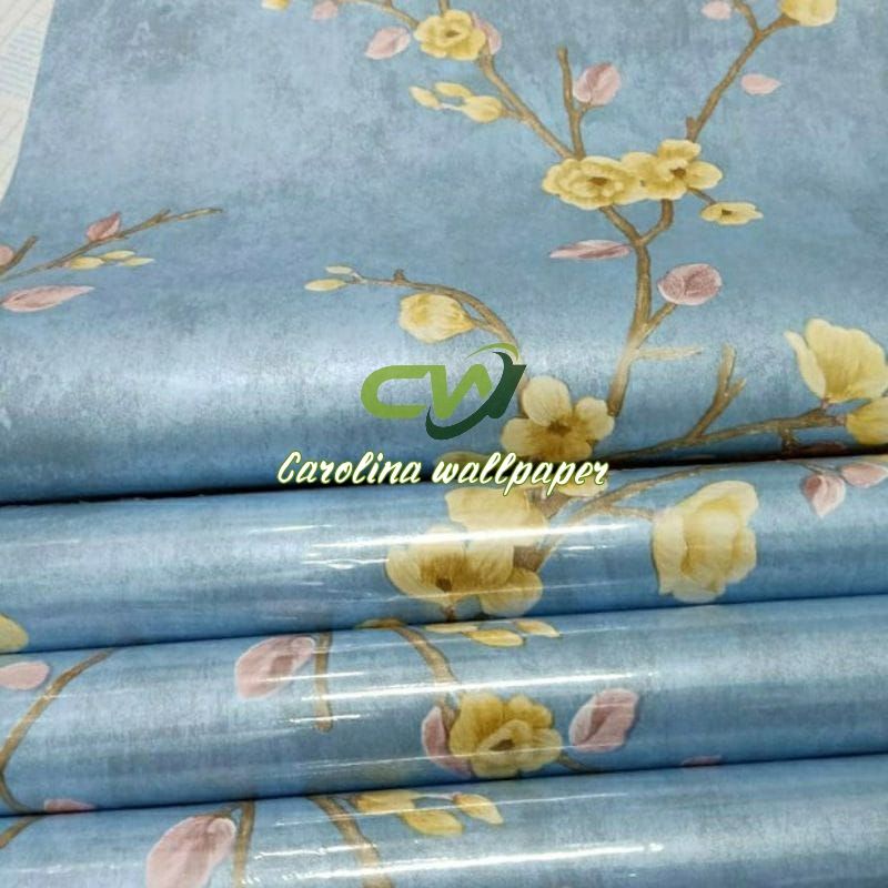 Jual wallpaper sticker dinding motif bunga sakura dasar biru ukuran