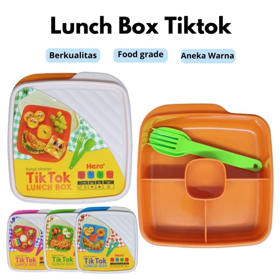 Jual Lunch Box Set Tik tok Kotak Makan Tempat Bekal Set 3 in 1 Sekat 4