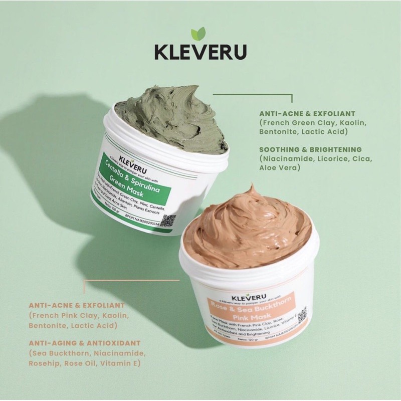 Jual KLEVERU CENTELLA AND SPIRULINA GREEN MASK / ROSE AND SEA BUCKTHORN