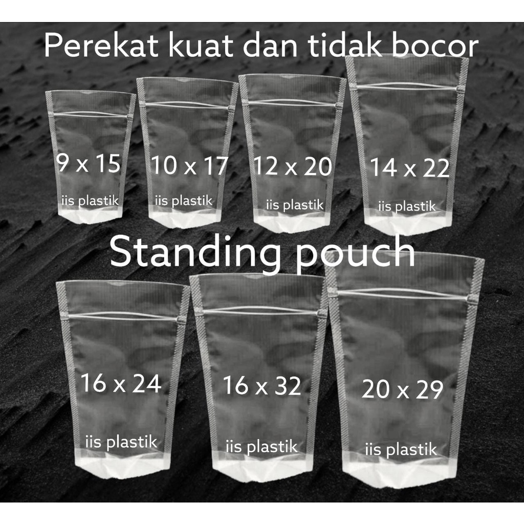 Jual Plastik standing pouch murah segala ukuran lengkap isi 50 lembar