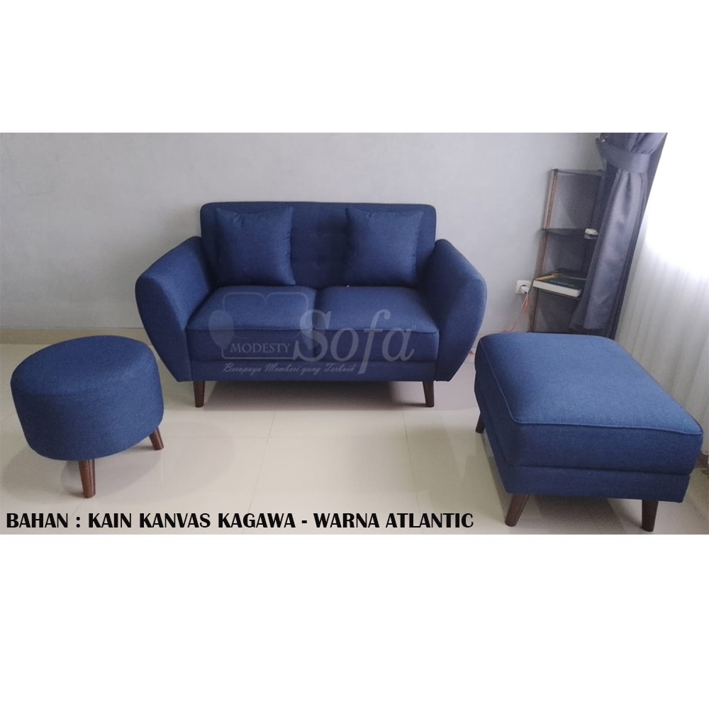 Jual Sofa Ruang Tamu Modesty 2 Seater + Puff Tanpa Sandaran Retro Mini