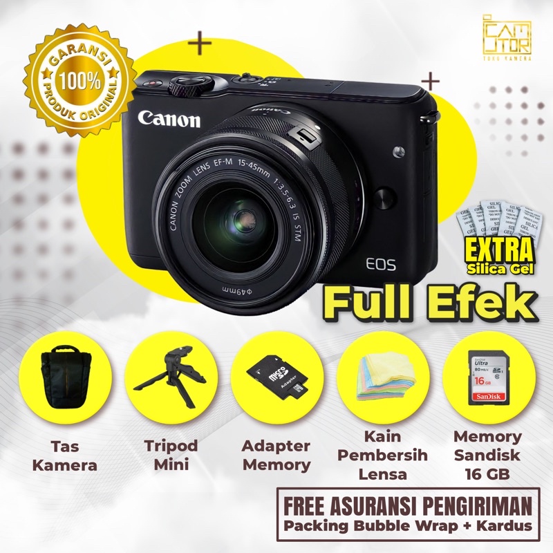 Jual Mirrorless Canon Eos M10 Wifi Lensa kit + Memori + Tripod + Tas