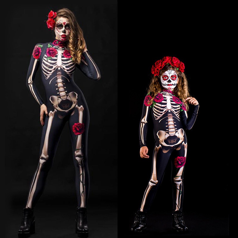Jual PREORDER 2021 Halloween Costumes For Woman Girls Scary 3D Print Rose Skull Cosplay Jumpsuit