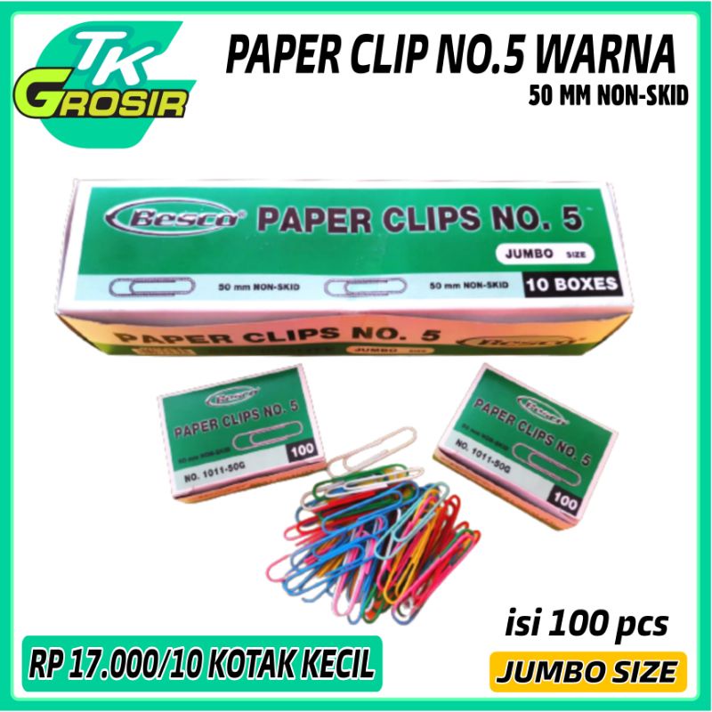 Jual 10 kotak paper clips warna warni isi 100 pcs/penjepit kertas clips
