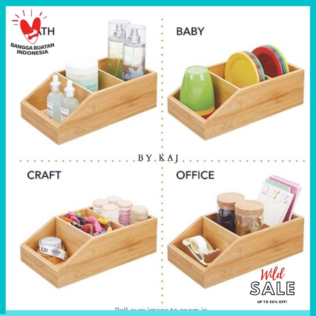 Jual kaj Wood Food Storage Bin with Divided 3 Compartments and Sloped