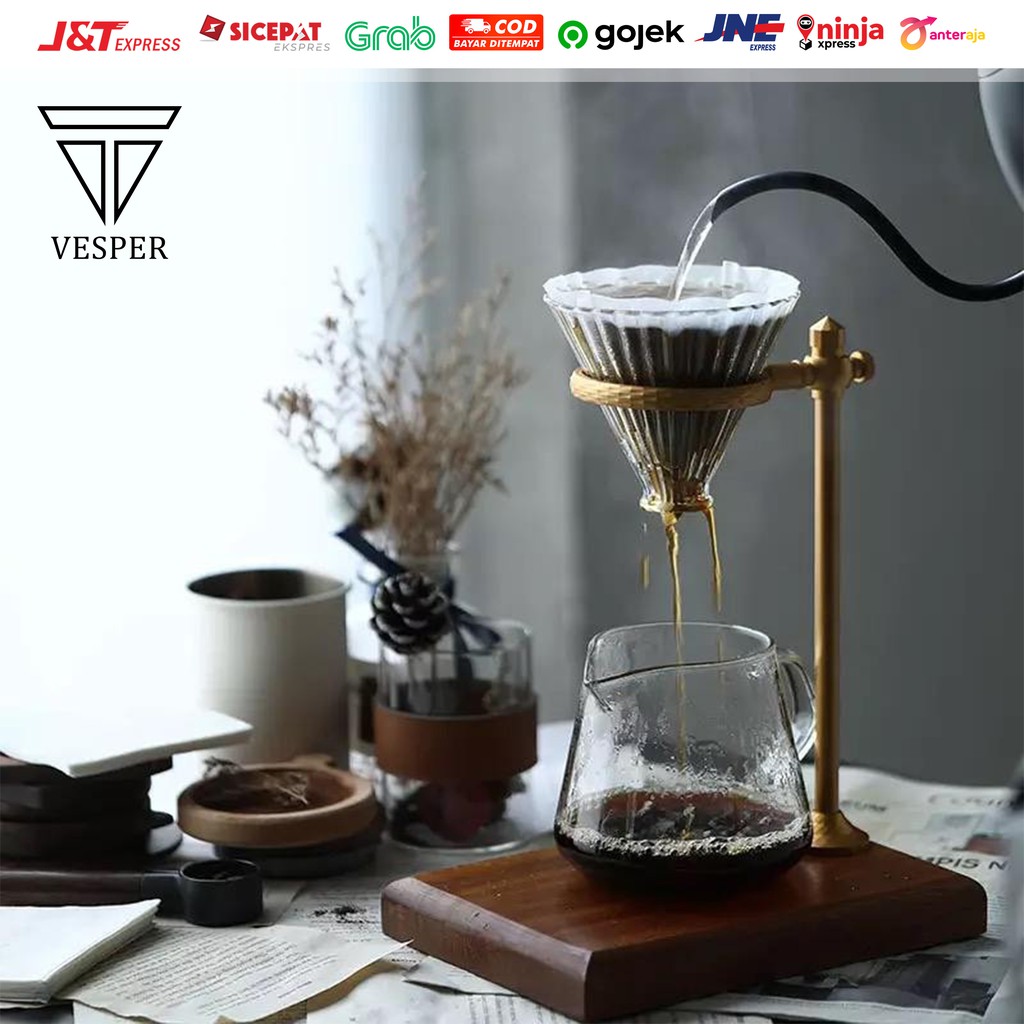 Jual pour over stand V60 holder with solid wood walnut cooper / tiang