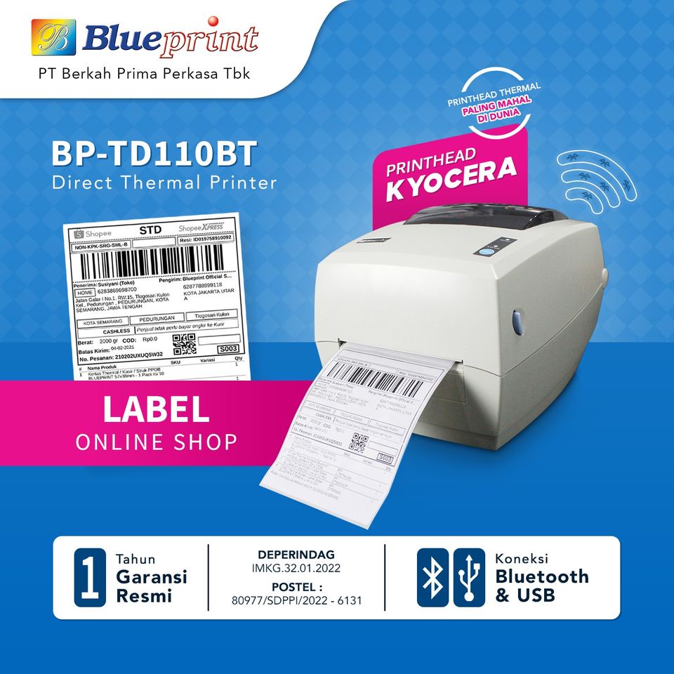 Jual Printer Thermal BLUEPRINT BPTD110BT Barcode TD110BT Label Resi A6