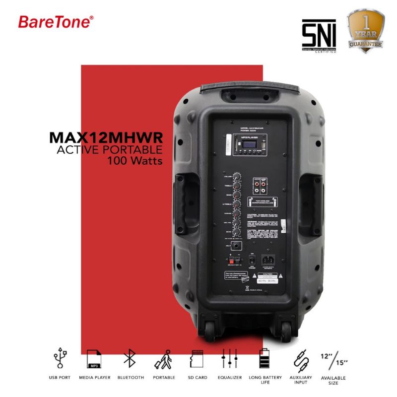 Jual Speaker Portable Baretone 12 Inch MAX12MHWR Bluetooth Xbass 2 Mic