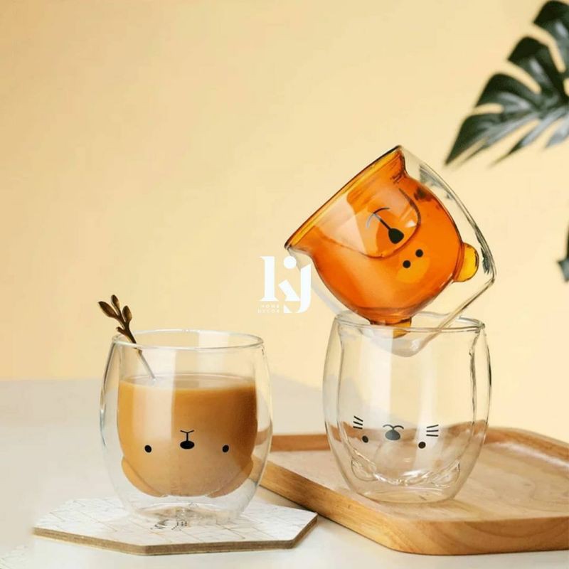 Jual KJ Bear Glass Motif / Gelas Kaca Bening Double Wall Glass Bear