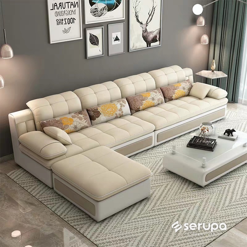 Jual Sofa Letter L Modern Minimalis Gratis Bantal dan Puff Fullset Meja dan Kaca Bergaransi