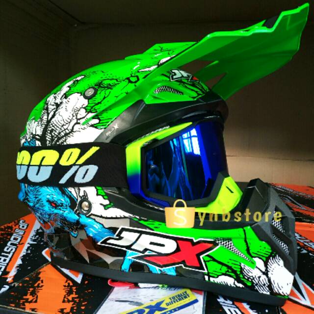 Jual helm jpx moto cross trail ktm crf klx x14 wolf serigala hijau gloss plus goggle 100