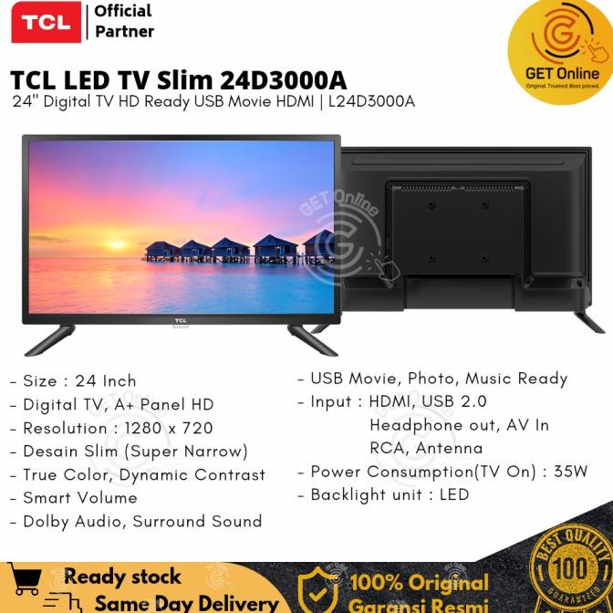 Jual LED TV Slim TCL 24 Inch 24D310 L24D310 (HDMI, USB Movie Ready