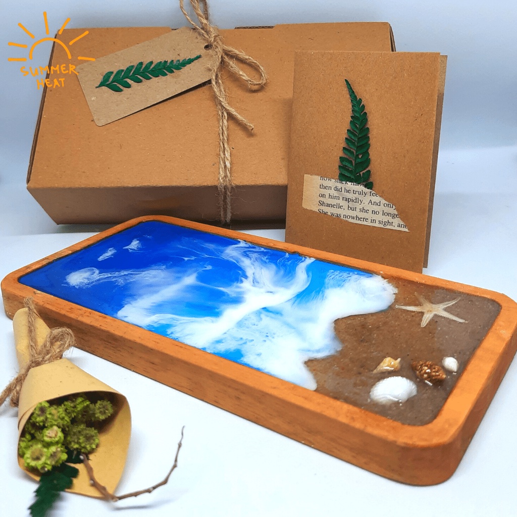 Jual GIFT SET Rectangular Ocean / Beach Wooden x Epoxy Resin Tray