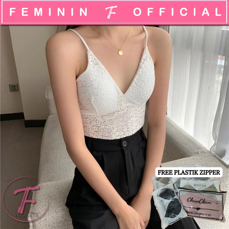 Jual Feminin Tanktop Bra Brukat Wanita Singlet Bralette Crop Top Spaghetti Strap Bra Shopee