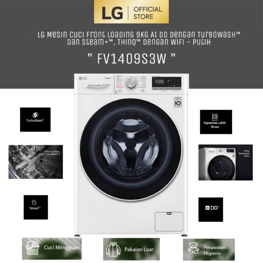 Jual MESIN CUCI FRONT LOADING 9KG S3W SERIES LG FV1409S3W Shopee
