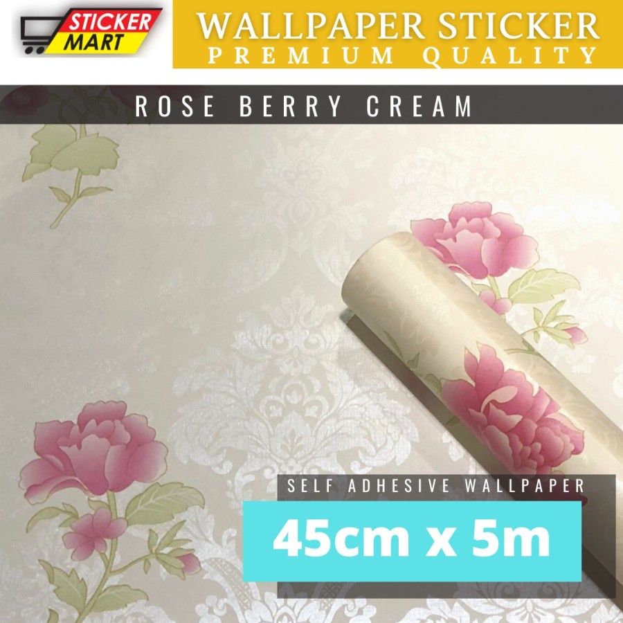 Jual Wallpaper sticker dinding motif bunga mawar pink dasar cream