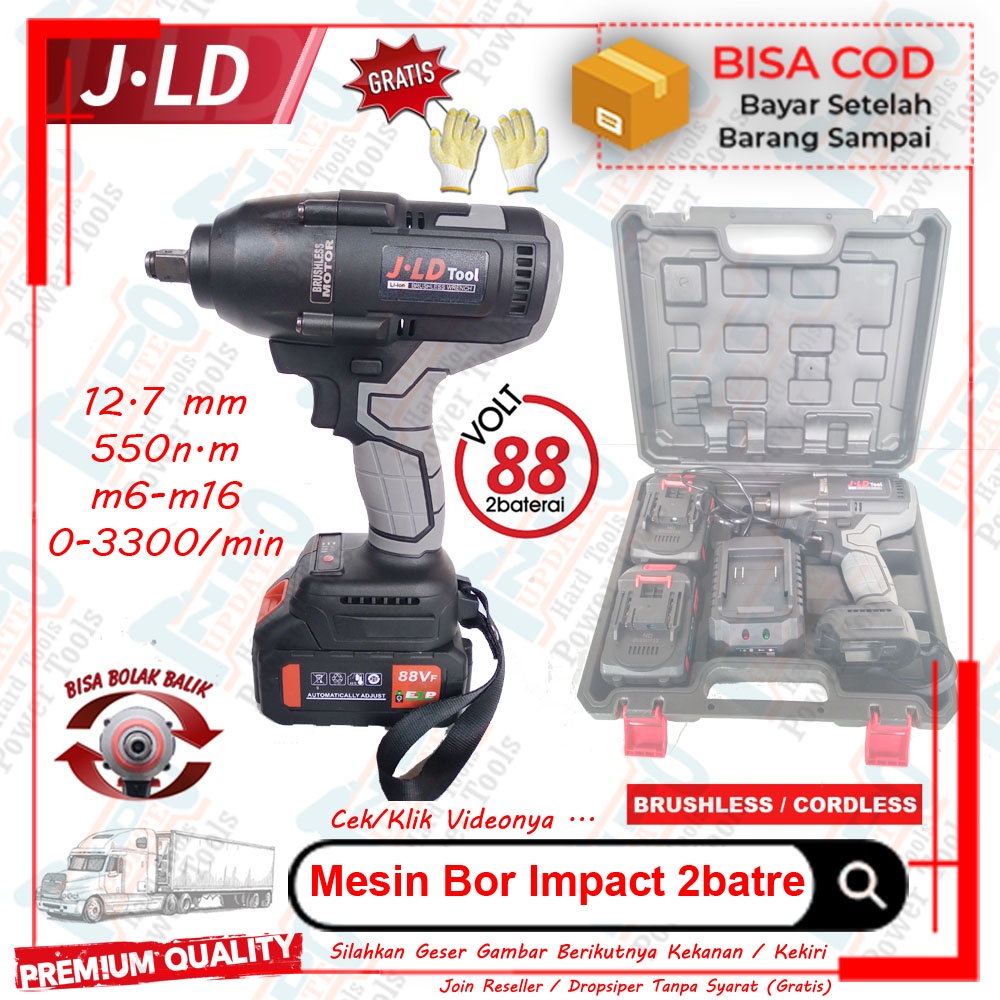 Jual Mesin Bor Impact wrench JLD Jumbo Torsi 550 NM di Baut Truk Engkel 88f 88v 2batre Changer