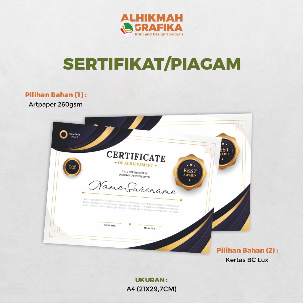 Jual Cetak Sertifikat / Piagam Penghargaan Bahan Art Paper 260gsm dan