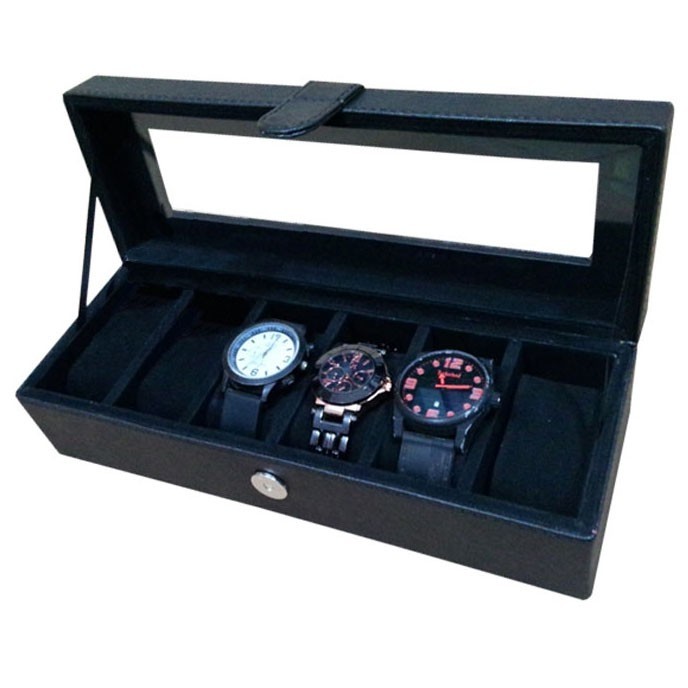Jual Box Jam Tangan isi 6 Warna HITAM FULL / Kotak Tempat Jam Tangan Murah Shopee Indonesia