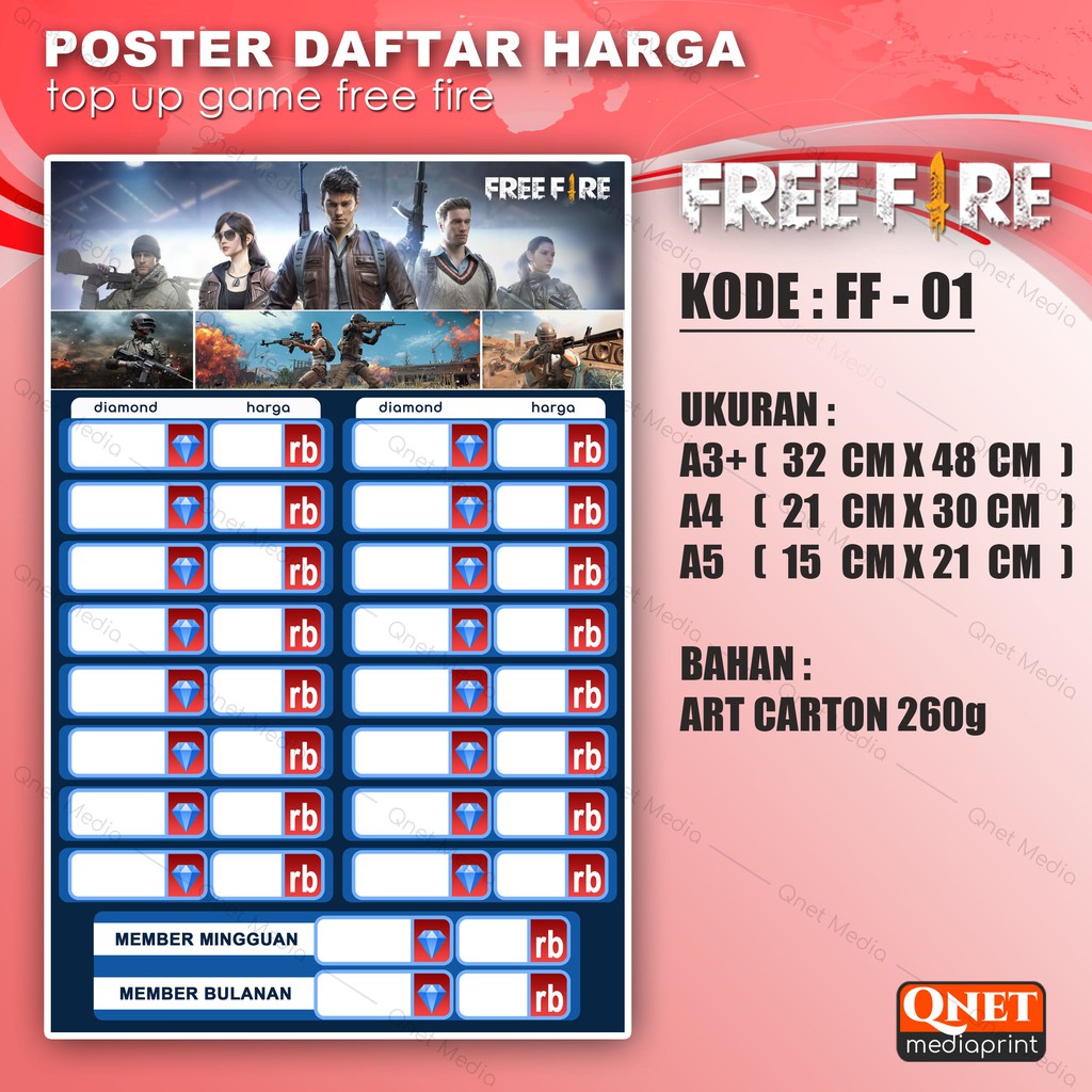 Jual POSTER KONTER DAFTAR HARGA TOP UP GAME FREE FIRE (CUSTOM) Shopee
