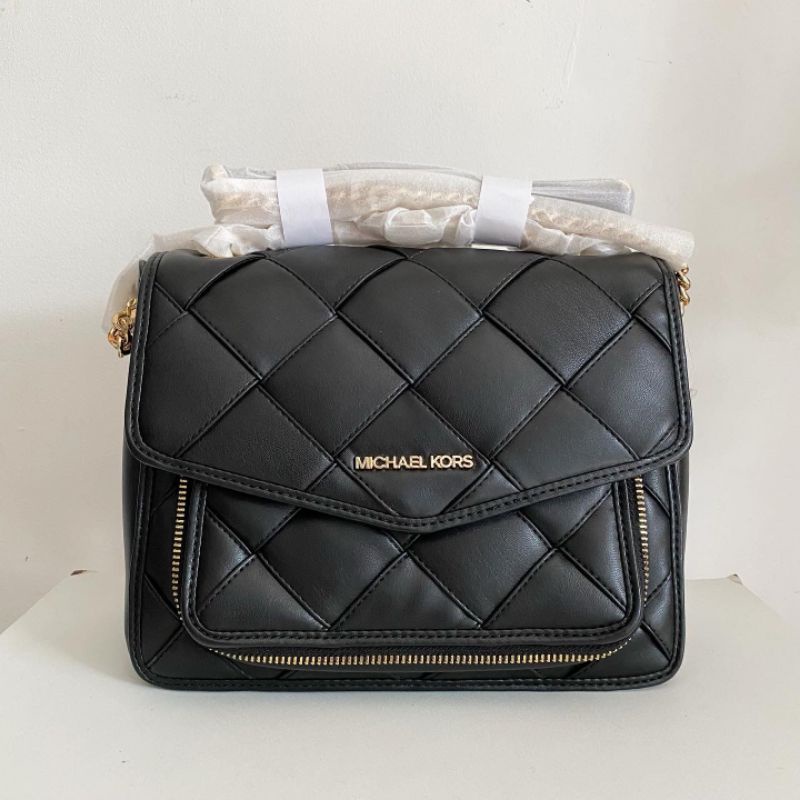 Jual TAS MK REGINA MEDIUM WOVEN FLAP SHOULDER BAG BLACK Shopee Indonesia