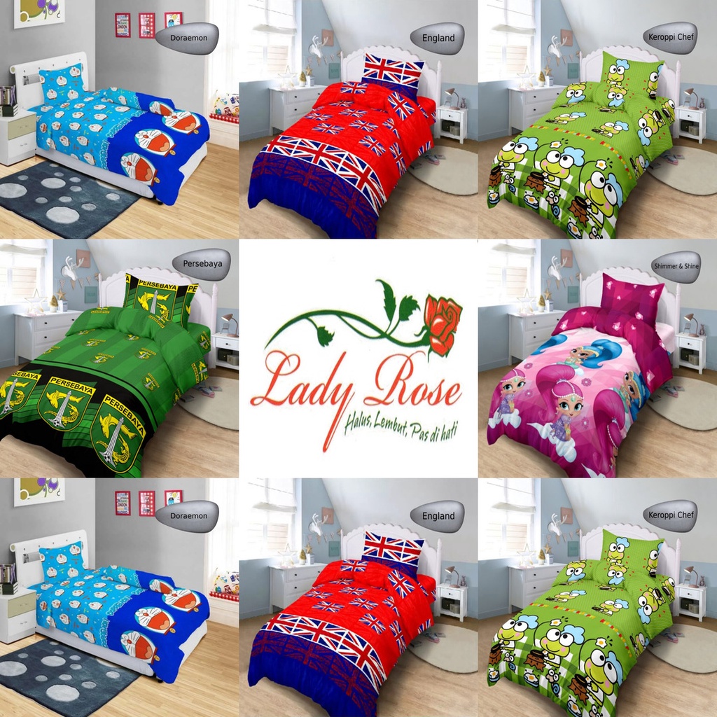 Jual Bed Cover Lady Rose 120 Doraemon, England, Keroppi Chef, Persebaya