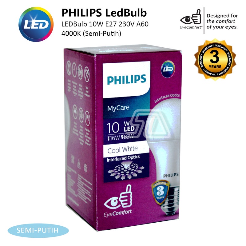 Jual Lampu Philips LEDBulb 10W E27 230V A60 MyCare Semi Putih 4000K