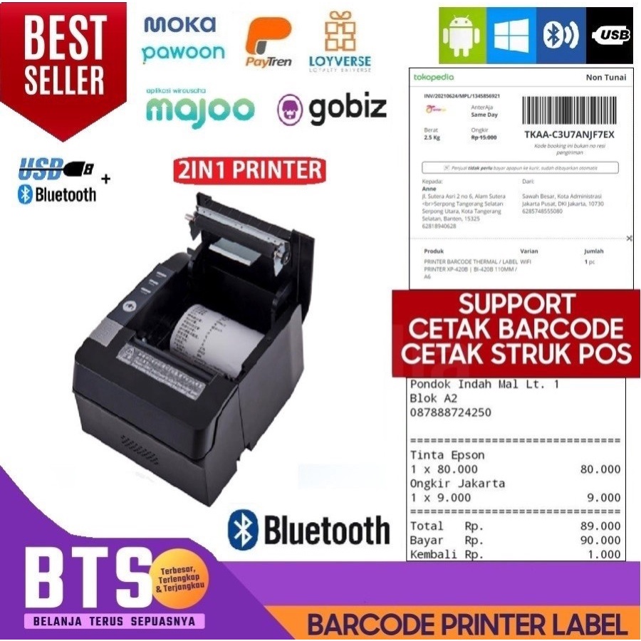 Jual PRINTER THERMAL BLUETOOTH CETAK STRUK KASIR & CETAK RESI LABEL 80MM Shopee Indonesia