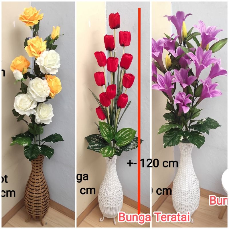 Jual BUNGA ROSE JUMBO HIASAN SUDUT SET POT ROTAN IMITASI PLASTIK(03)
