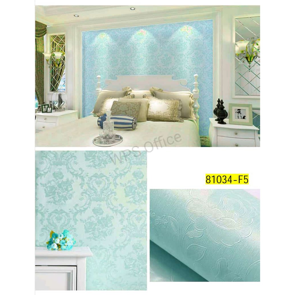 Jual Wallpaper sticker dinding polos biru tekstur batik bunga mawar