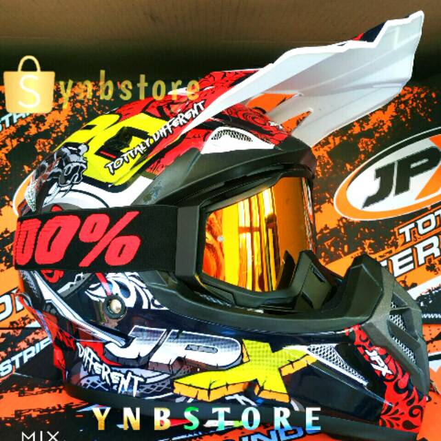 Jual helm JPX moto Cross trail ktm klx crf X16 east mamba ular cobra white gloss plus goggle 100