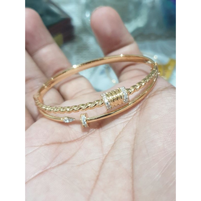 Jual gelang bangle emas 700 model fashion terbaru paku kombinasi kepang