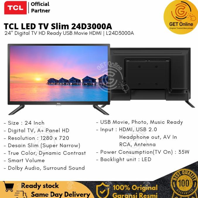 Jual LED TV Slim TCL 24 Inch 24D310 L24D310 (HDMI, USB Movie Ready