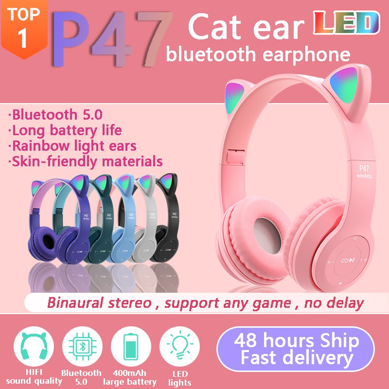 Jual Headset Bluetooth Cat P47M RGB LED Lamp Headphone Kucing Macaron