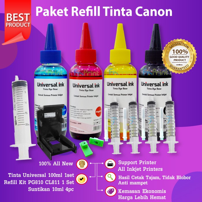 Jual Paket Tinta 4 Warna 100ml Refill Cartridge Canon 810 811 745s 746s