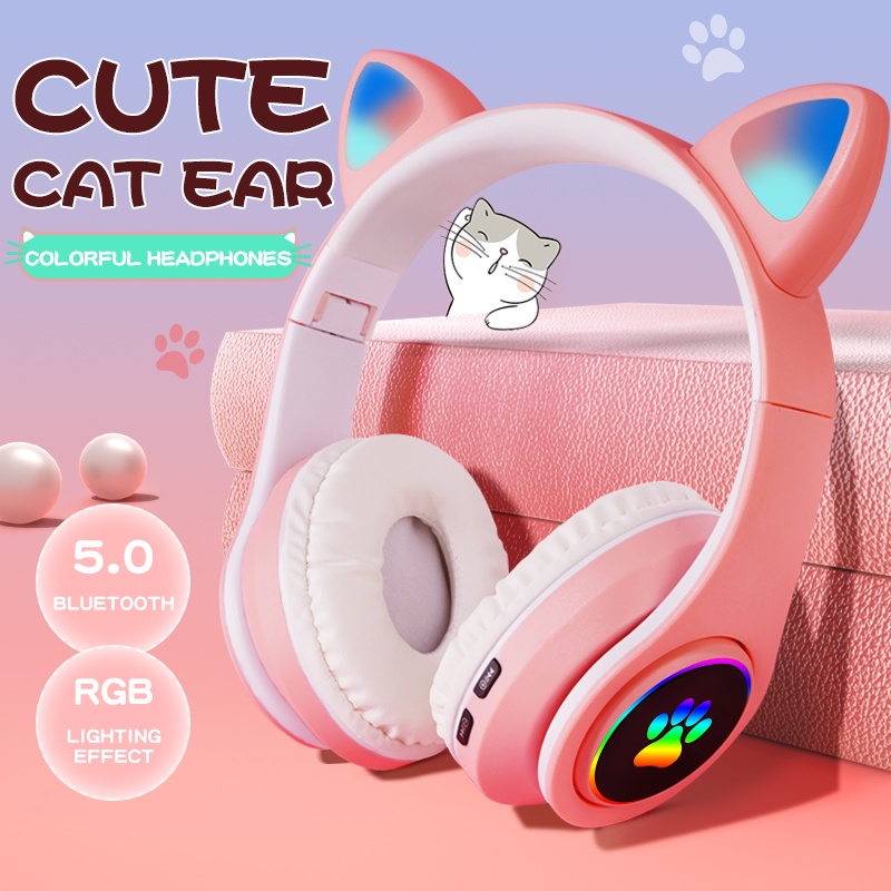 Jual LED Color Light Cute Cat Ear Headphone with Mic B39M Foldable