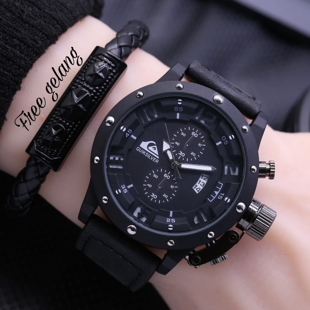 Jual JAM TANGAN QUIKSILVER PRIA KULIT TANGGAL AKTIF GRATIS GELANG FREE